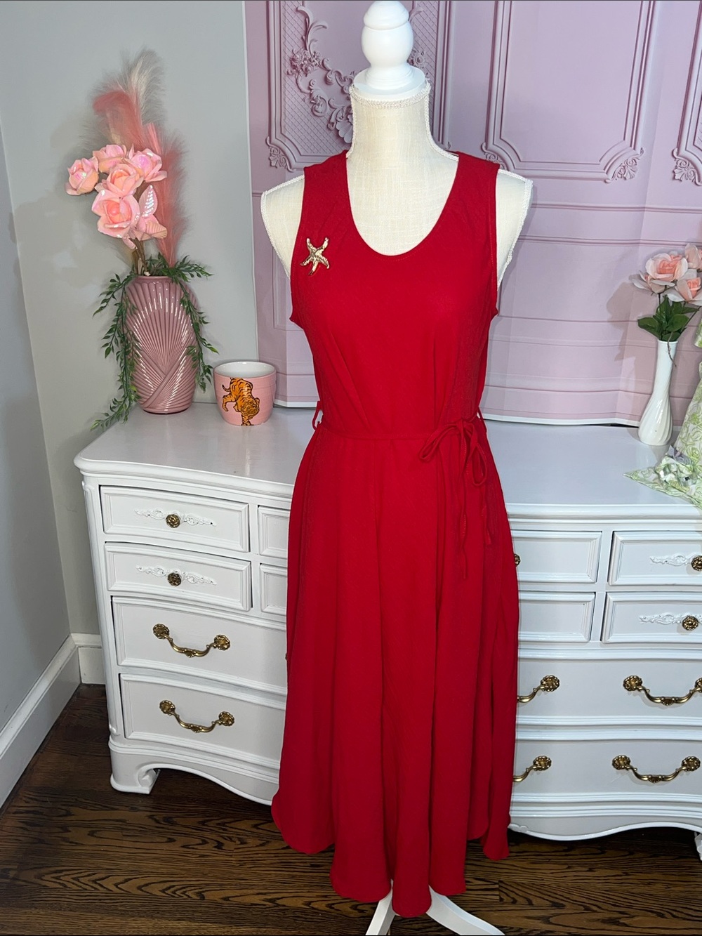 Sleeveless Red A-Line Midi Flowy Lightweight Coastal Starfish Brooch Dress